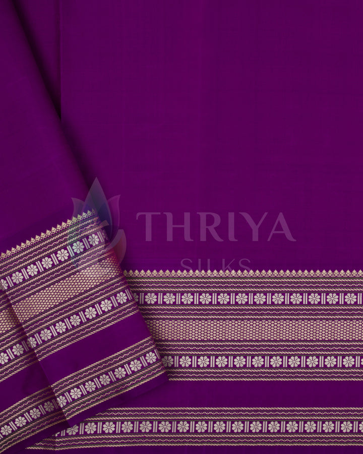 Purple blouse piece with silver zari border from olive green Kanjivaram silk saree set