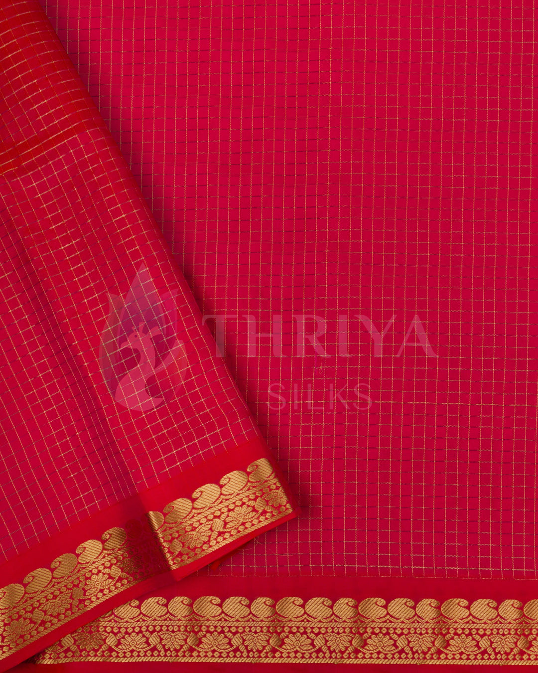 Red blouse piece with golden checks and border for traditional Kanjivaram saree