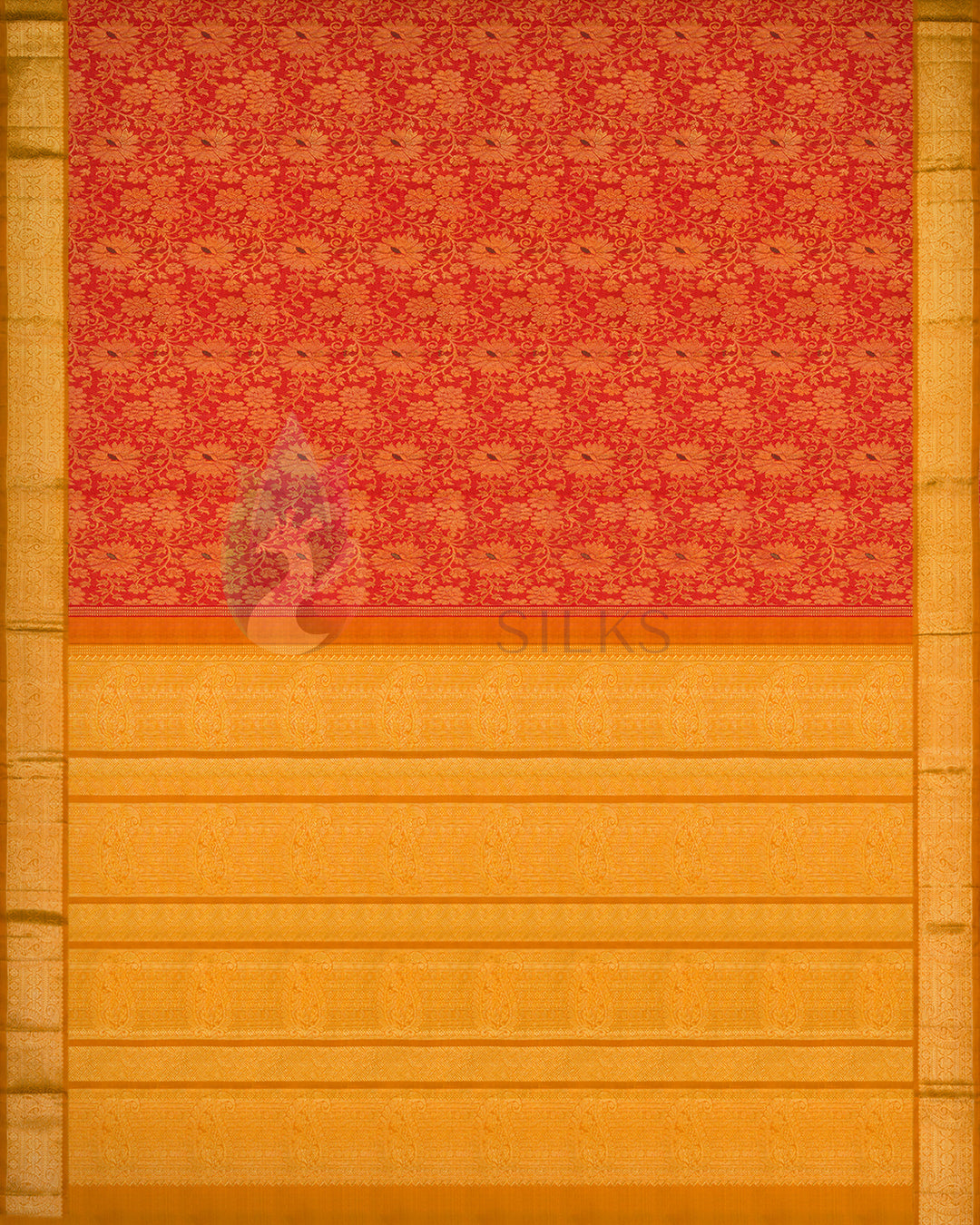 Full spread flat lay of red and gold Kanchipuram silk saree showcasing detailed floral motifs and rich golden zari border
