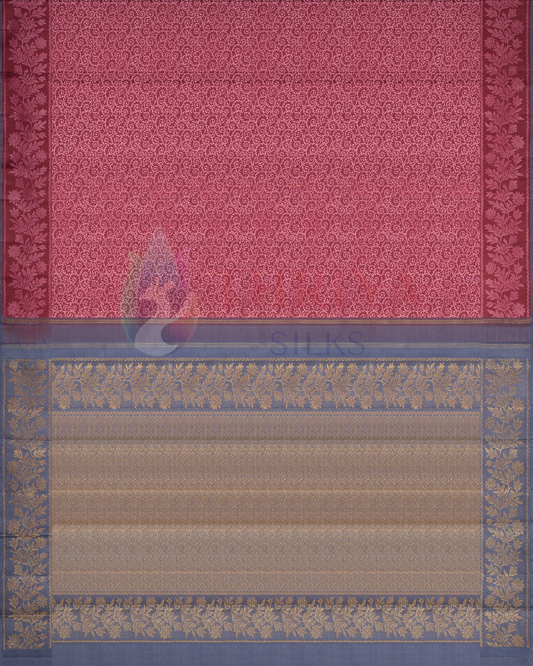 Full view of red Kanjivaram silk saree with all-over floral brocade body and contrast dark blue pallu woven in gold zari – Thriya Silks