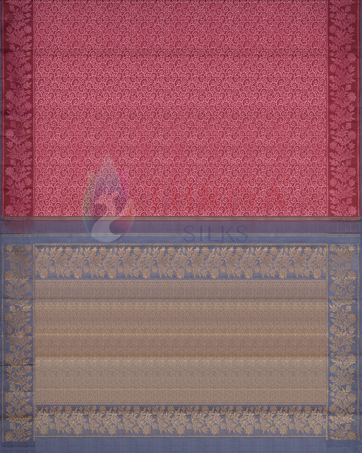 Full view of red Kanjivaram silk saree with all-over floral brocade body and contrast dark blue pallu woven in gold zari – Thriya Silks