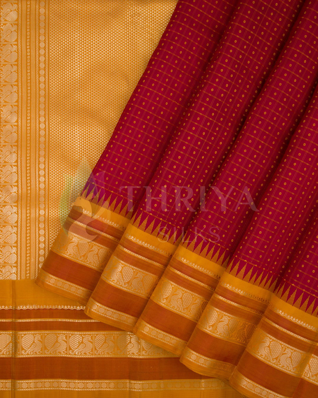 Elegant red silk saree with mustard yellow gold zari border from Thriya Silks