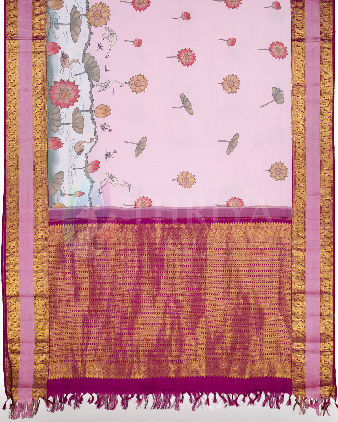 Full pallu view featuring pink body with delicate lotus and swan motifs, and a rich magenta-gold woven pallu.