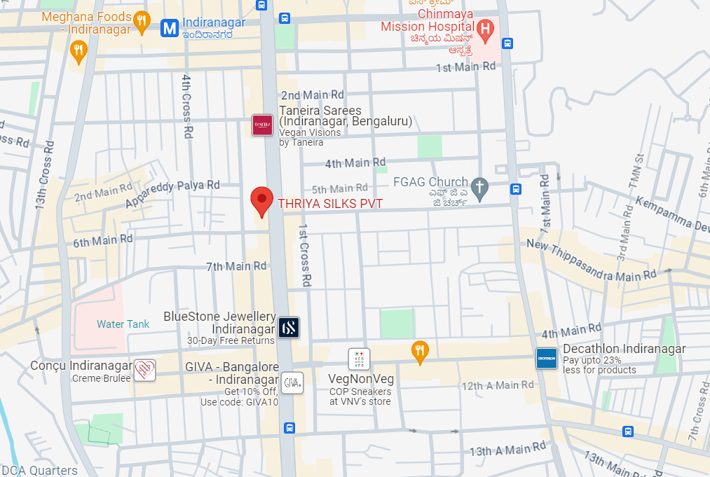 Map showing the location of Thriya Silks Pvt Ltd store in Indiranagar, Bangalore.