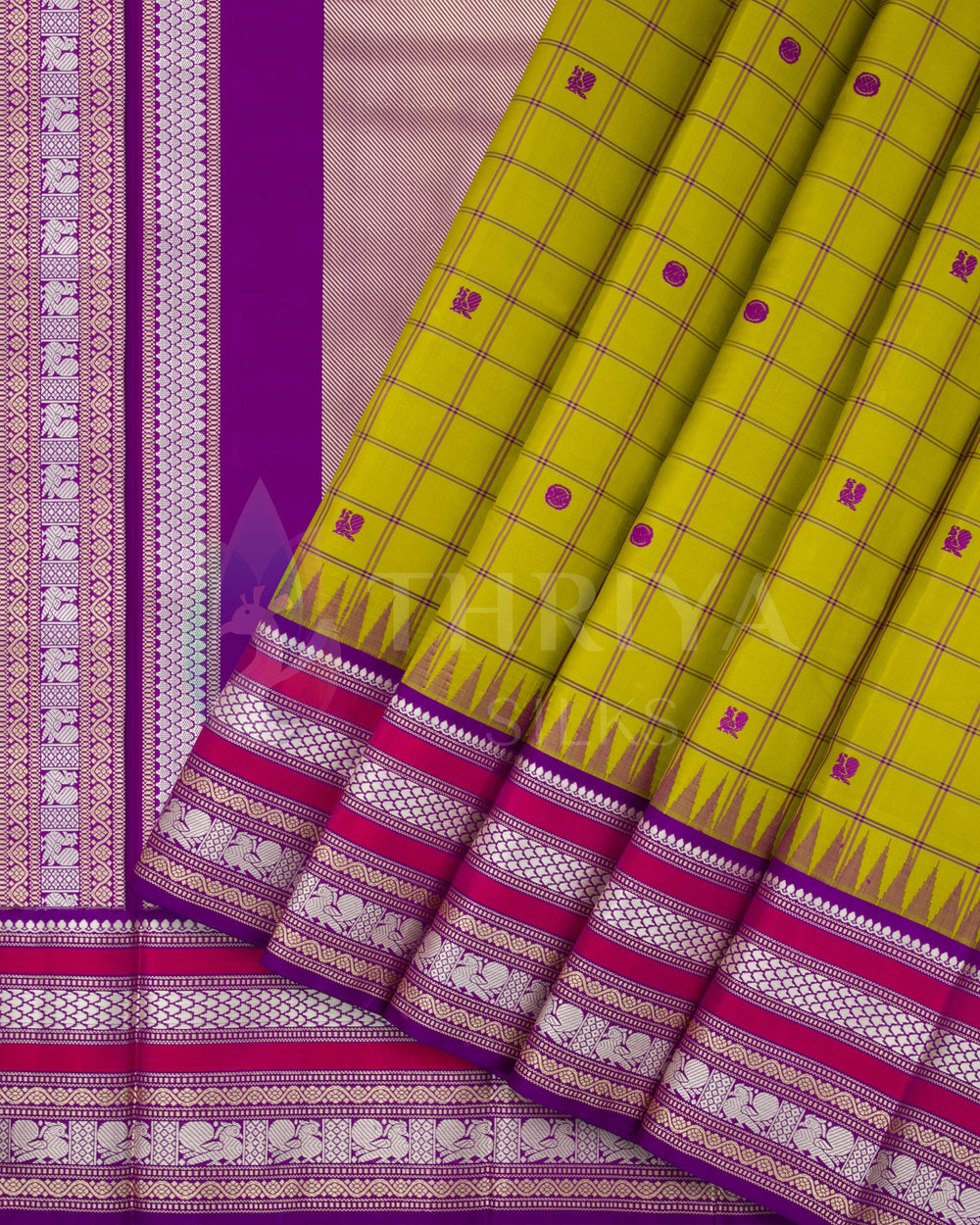 Yellow checked silk saree with magenta border and silver zari work, Thriya Silks