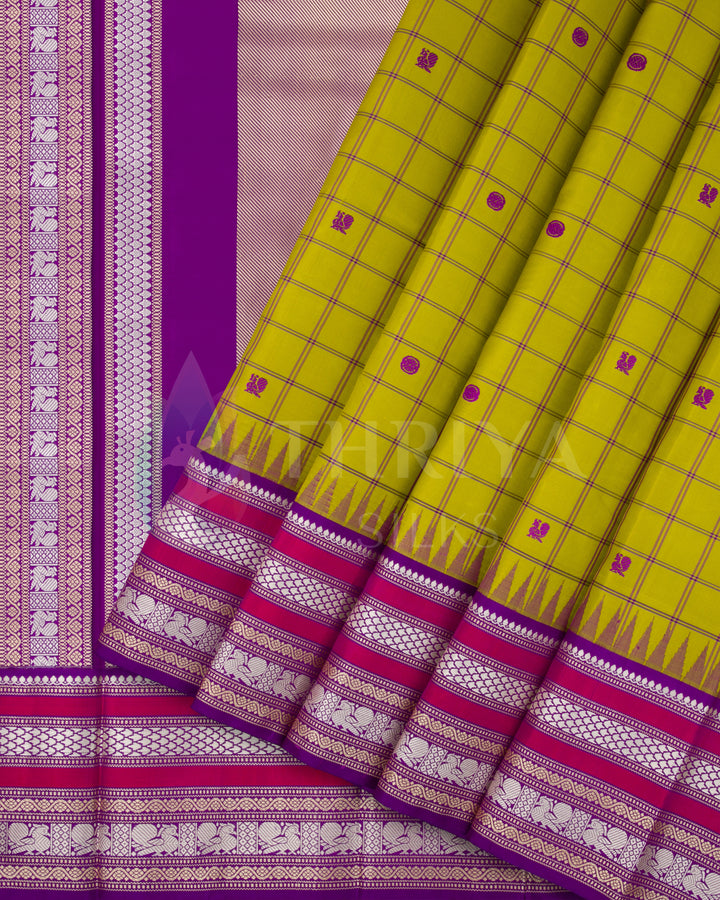 Yellow checked silk saree with magenta border and silver zari work, Thriya Silks
